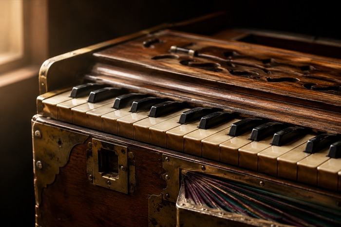 Detail of an aged harmonium's keys and brass fittings