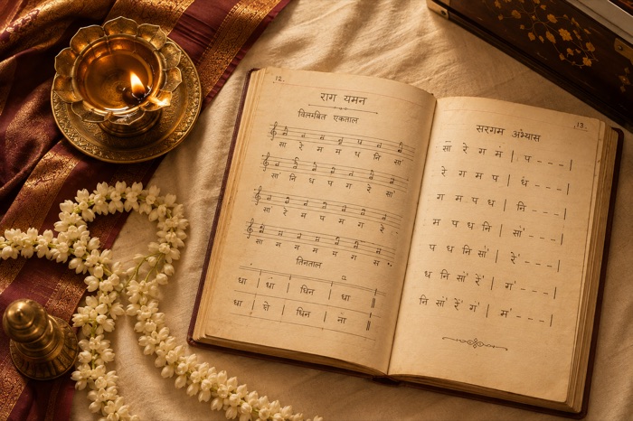 A handwritten Indian music notation book open beside a lit brass diya