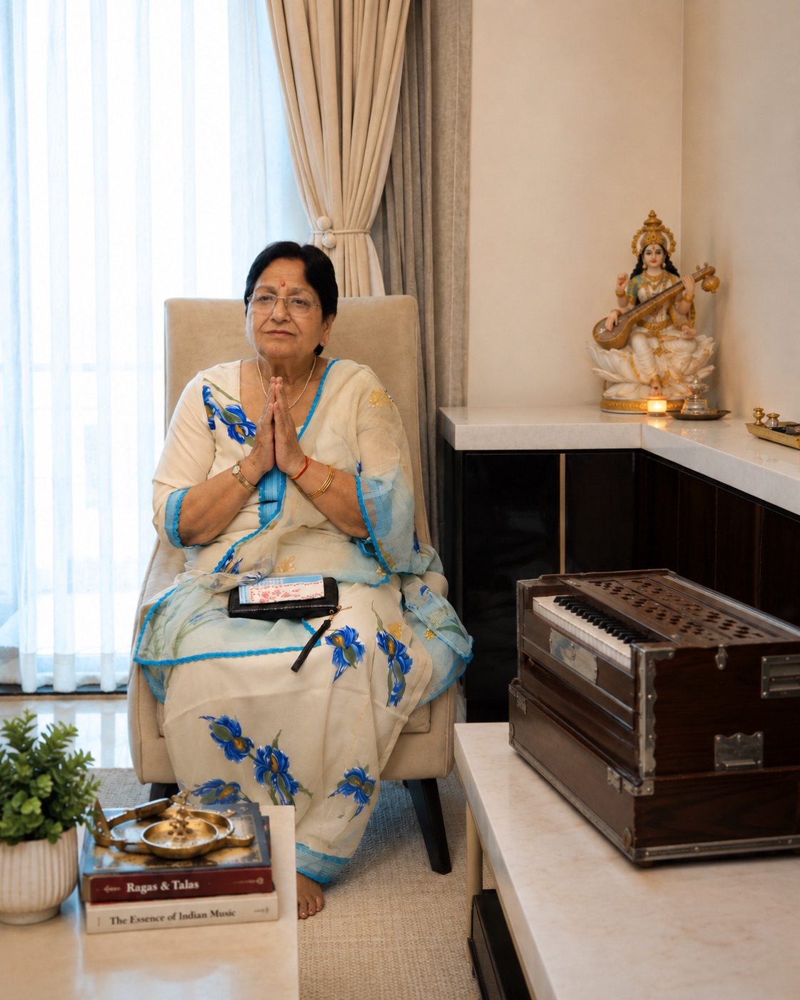 The home music studio in Gurugram, with harmonium and Saraswati idol