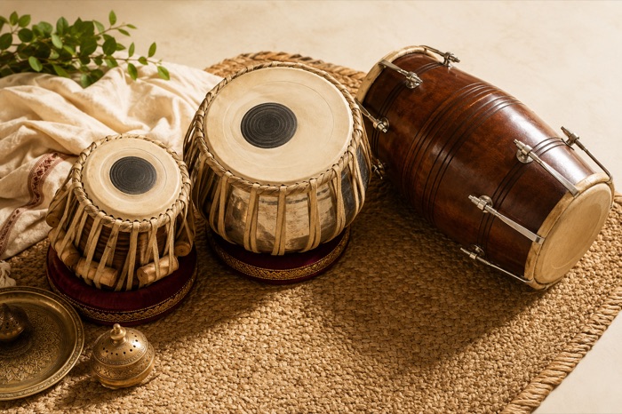 A tabla pair and dholak resting on a woven mat