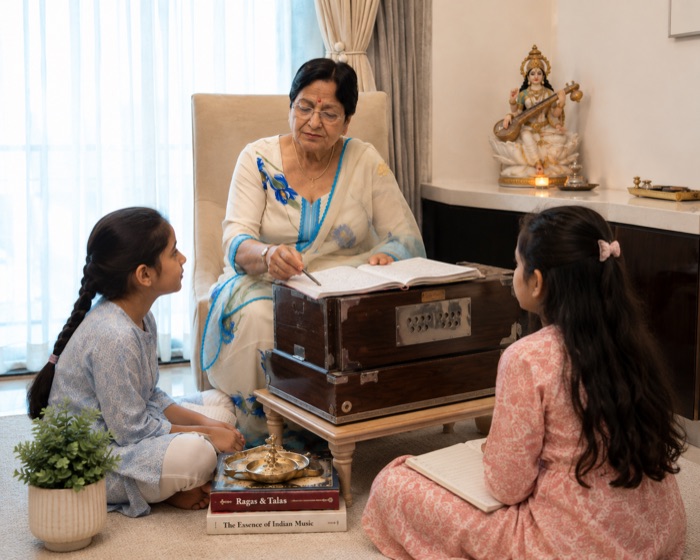 Smt. Parveen Chopra teaching two young students at the harmonium